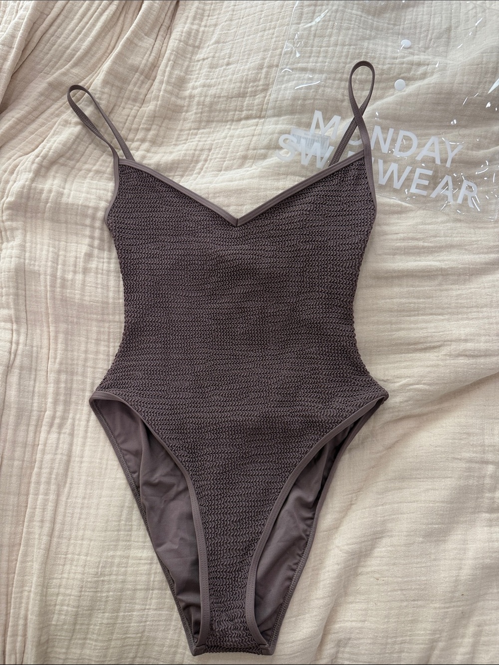 Textured V-Neck One-Piece Swimsuit in Dark Taupe